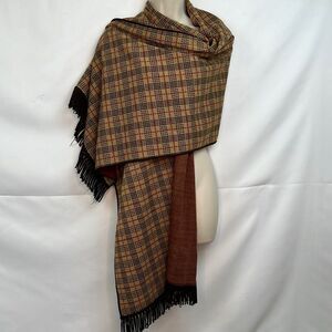 Nina Leonard Brown, red and Tan plaid Fringed Scarf